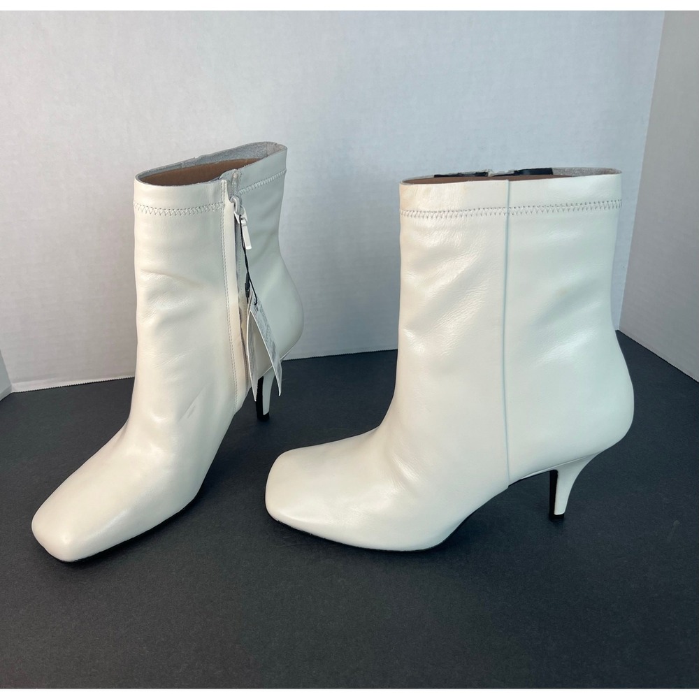 NWT Zara Ivory Off White Leather Square Toe Low Heel Zip Ankle Boots Sz‎ 9